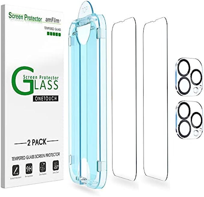 amFilm OneTouch Compatible with iPhone 13 Pro Max (6.7", 2021) Tempered Glass Screen Protector and Camera Lens Protector, Edge to Edge Full Coverage with Easy Installation Kit (2+2 PACK)