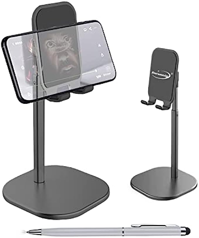 Cell Phone Stand, Phone Stand for Desk, Height Angle Adjustable Mobile Phone Holder, Aluminum Weighted Base Compatible with iPhone 13 Pro XS XR, 4-10'' Cellphone &amp; Tablet