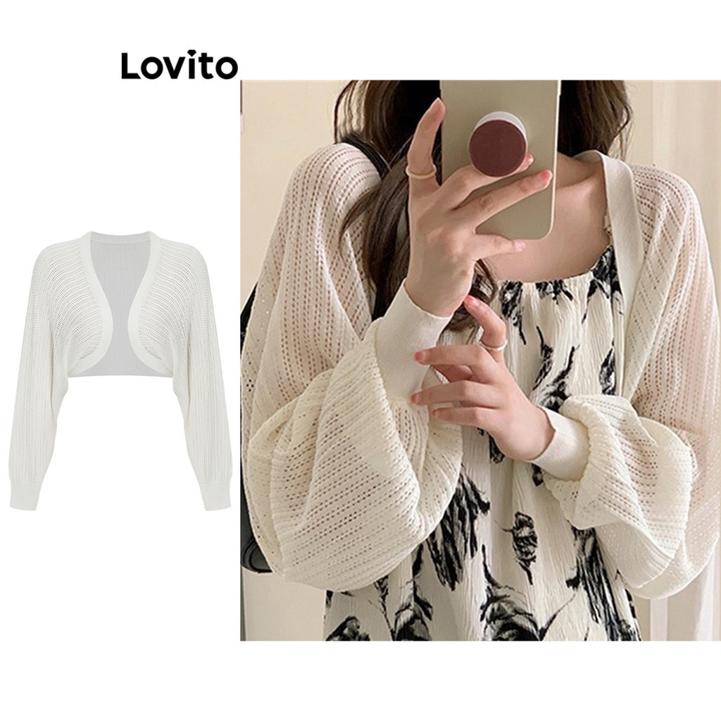 Lovito Casual Plain Cardigans for Women L64AD102 (White/Black)