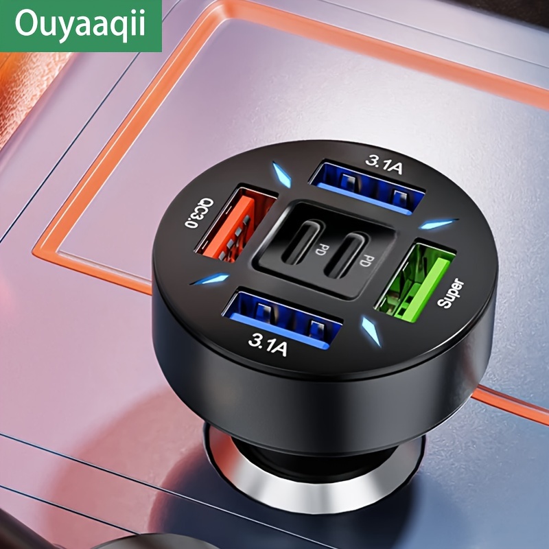  2024 new car charger six-port 66W super fast charge 4 USB ports and 2 PD ports 12-24V cars